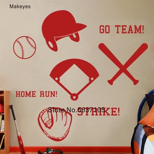 Makeyes Set Baseball Wall Sticker Glove Wall Decals Home Kids Bedroom Decoratiom Go Team Words Wall Decor Vinyl Wall Mural Q904