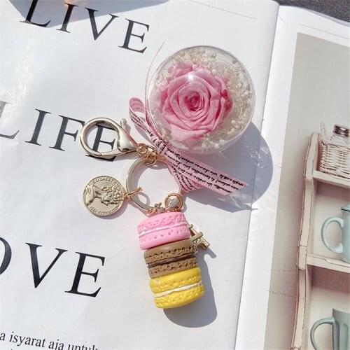 Cute Korean Fashion Macaron Cake Keychain for Women Girl Creative DIY Natural Eternal Flower Key Chain Bag Charms Key Holder