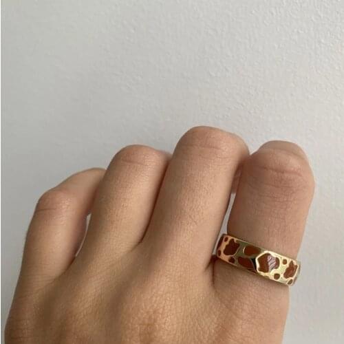 New Ins Creative Simple Brwon Spotted Cow Ring Brwon Pattern Rings For Women Girls Fashion Jewelry Gifts