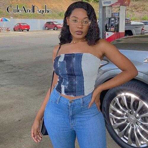 Sexy Patchwork y2k Jeans Camisole for Women Lace-up Streetwear Vintage Denim Crop Tops Skinny Denim Corset Tops Cuteandpsycho