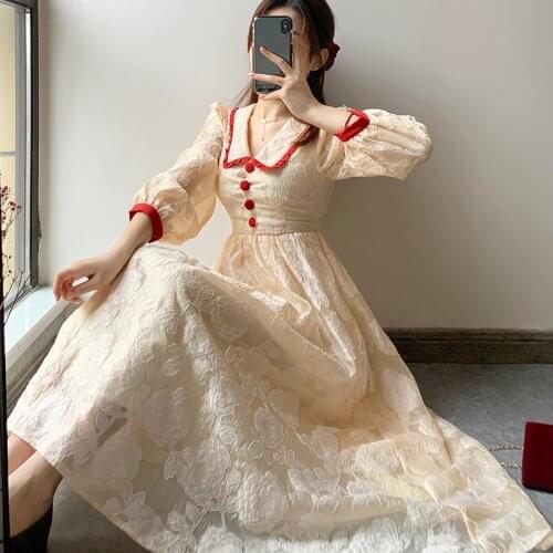 New Spring Sweet Vintage Dresses Women Elegant Evening Party Dress Female Button French Fairy Long Sleeve One Piece Dress Korean