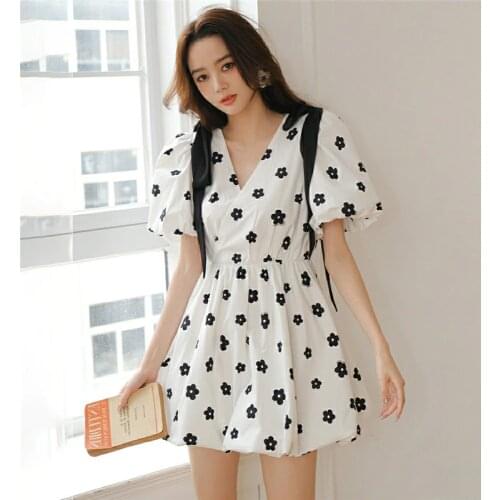 Casual Beach Chiffon Floral Print Puff Sleeve Summer Women Dress V-Neck Bow Bandage White A-Line Mini Dresses Party Clothes 2021