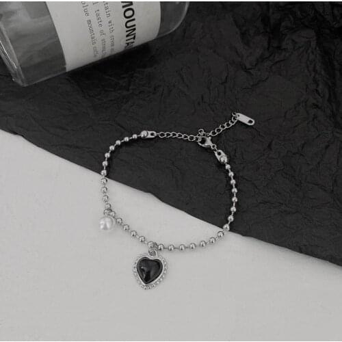Origin Summer Street Style Black Love Heart Round Bead Chain Charm Bracelet for Women Stainless Steel Party Bracelet Jewellery