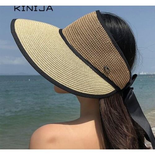 Summer womens straw hats bow Bandage sombrero playa oversized beach cap fedora hat for women large wide brim sun Empty top hat