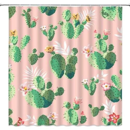 Tropical Cactus Shower Curtains Watercolor Floral Plant Pink Background Bathroom Decor Polyester Cloth Hanging Curtain Set Cheap