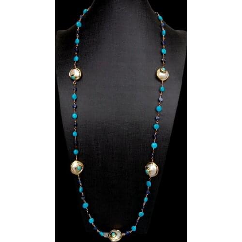 Y.YING Natural White Coin Pearl Blue Turquoise Lapis Coin Shape faceted lapis rosary Chain Long Necklace 35"