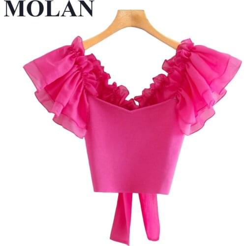 Women Fashion Shirt Organza Sleeve Cropped Knitted Vintage Back Bow Tied Ruffle Female Shirts Chic Tops