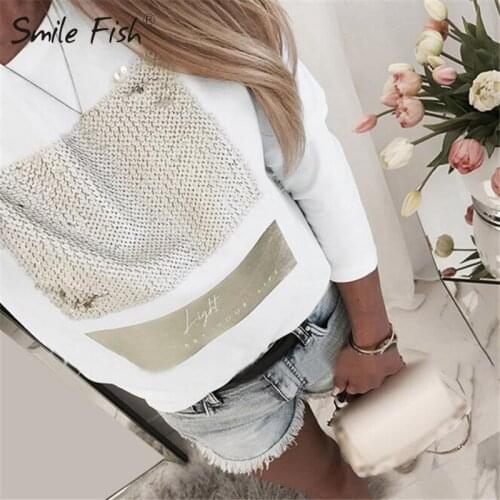 2020 Women Spring Autumn O-Neck T-shirts Sequined Dragonfly Femme Jumper Casual White Tee Shirts Fashion Streetwear Blusa M0728