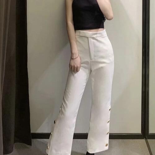 Za Women High-waist Trousers Side Pockets And False Welt Pockets At The Back Button Trim At Hem Female Cropped Trousers
