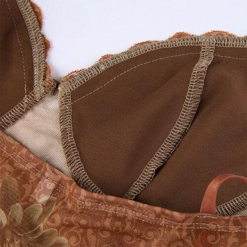 Women Spaghetti Strap Corset Crop Top Sexy Sheer Mesh Vintage Floral Print Camisole V-Neck Backless Lace Trim Vest Shirt