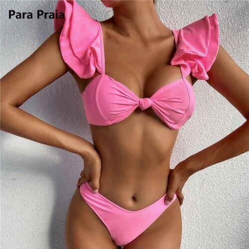 Para Praia 2021 Sexy Ruffled Knotted Pink Bikini Female Swimsuit Women Swimwear Two-pieces Bikini Set Bow Bather Bathing Suit