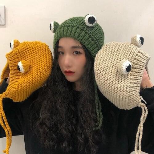 2021 Winter Skullies Gift Female Frog Hat Crochet Warm Knitted Hat Costume Beanie Hats Cap Women Hat Photography Prop Party
