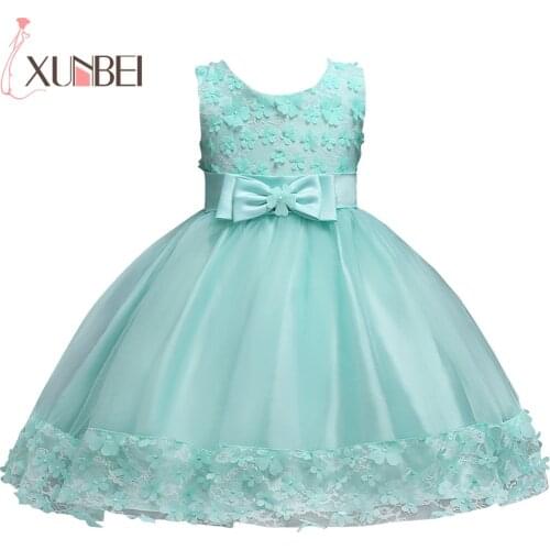 2020 Summer Girl Flower Dresses Knee Length Mint Green Cute Lace Appliques Sleeveless First Communion Dresses For Girls Kids