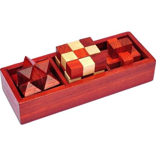 3PCS per Set Vintage Style Wood Box Packed IQ Wooden Brain Teaser Puzzles Game Toys for Adults Kids