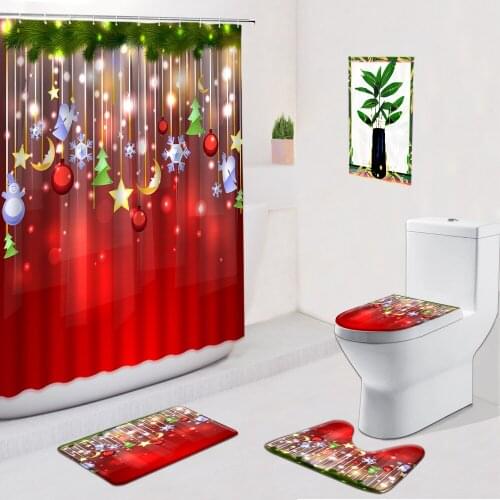 Christmas Ball Cartoons Shower Curtains 4Pcs Set Dream Joy Santa Claus Anti-Slip Bath Mat Toilet Foot Rug Bathroom Decor Carpet