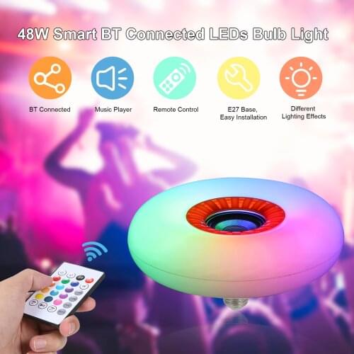 48W S-mart BT Connected LED Bulb Light with Controller BT Speaker Dimmable LED E27 Light Bulb for Home Party DJ Show Decoration