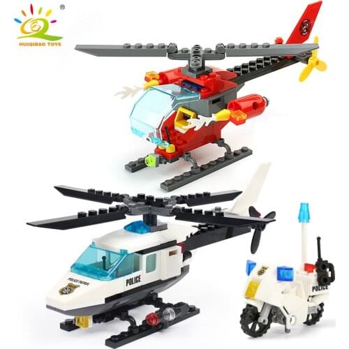 HUIQIBAO City Police Airplane Blocks Building Blocks City Fire Fighting Helicopter Motorcycle Bricks Toys Give policeman Figure