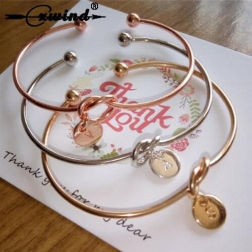 Cxwind Boho Charm A-Z Disc Initial Letter Knot Bangle Bracelet for Women Girl Gold Rose Gold Open Cuff Bangle