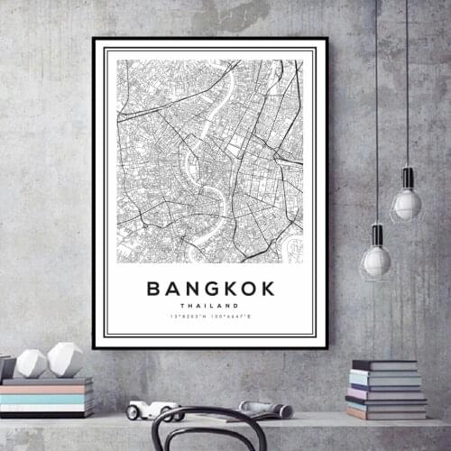 Black and White Bangkok Map Nordic Thailand City Map Wall Art Printed Pictures Posters and Prints for Living Room Home Decor