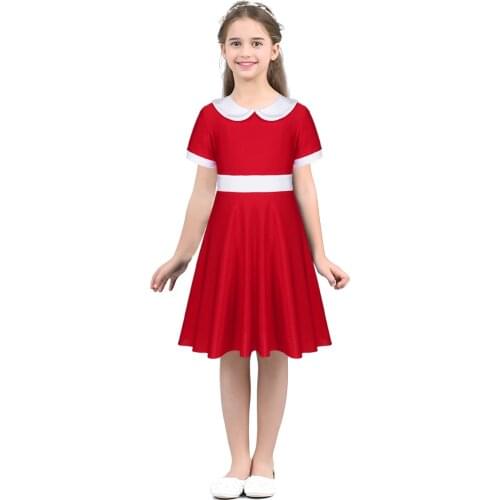 Kids Girls Red Dress Short Sleeves White Collar Christmas Costume A-line Dress for Xmas Party Daily Wear Stage Performance Cloth