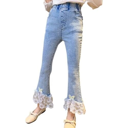 Girls Jeans Lace Floral Jeans Kids Girl Patchwork Childrens Jeans Appliques Childrens Clothing 6 8 10 12 14