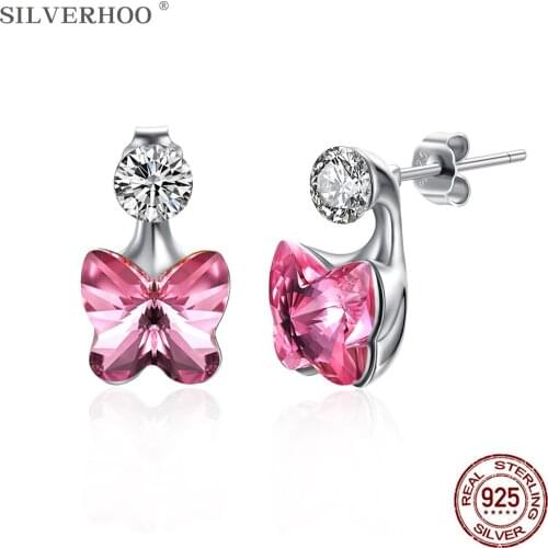 SILVERHOO 925 Sterling Silve Earrings RomanticThe Butterfly Shape Austria Crystal Stud Earrings Anniversary Simple Fine Jewelry