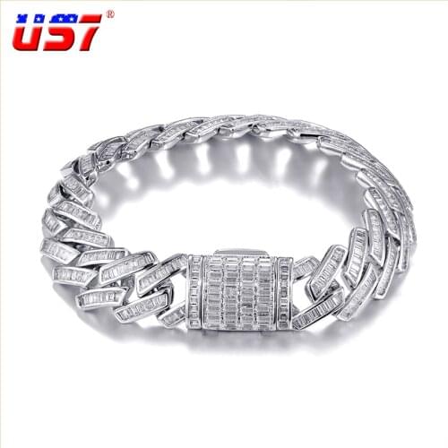 US7 15mm Cuban Link Chain Necklace Iced Out Baguette Stones Setting Copper Necklace for Men Trendy Hip Hop Jewelry