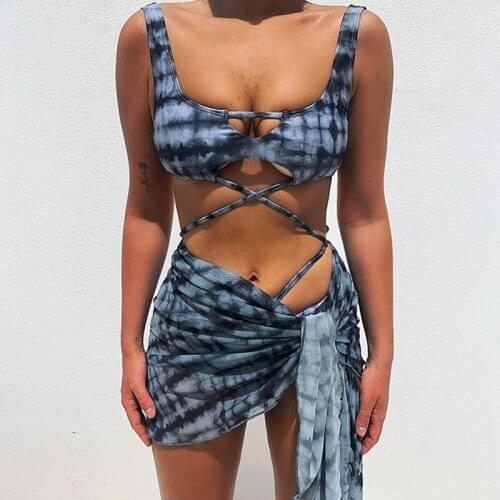 Mossha 3-piece mesh swimsuit Sexy print bikini set Hollow out swimwear women String high cut bathing suit Bandeau beach wear New