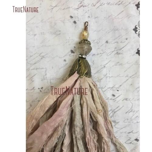 Natural Beige Hints Of Pink Sari Silk Bohemian Style Tassel Pendant Antique Brass Flower Beads Charm Jewelry 7.5 inch PM14462