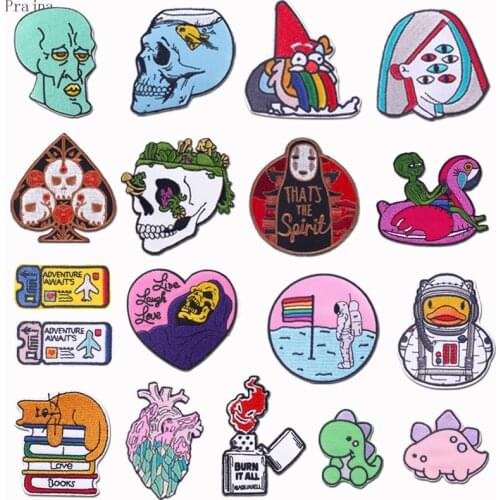 Prajna Skull Patch Iron On Patches For Clothing Iron On Embroidered Patches Hippie Sticker Punk Rock Cartoon Pathes Badge Stripe
