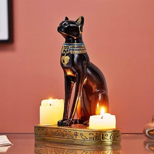 Egyptian Cat Craft Candlestick Holder Resin Statue Retro Cat Goddess Figurine Home Office Garden Dining Table Decoration Gift