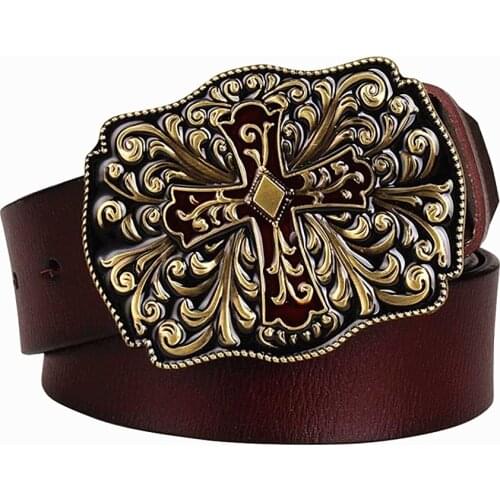 Fashion mens genuine leather belt metal cross belt cowskin Arabesque pattern belt men gift for women Jeans decorative belts