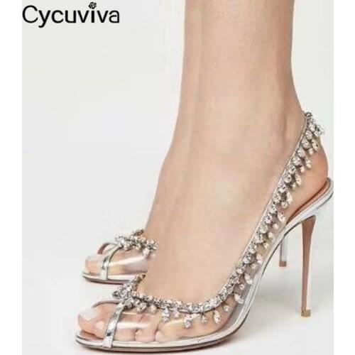 Summer Gladiator Sandals Thin Heels Slingbacks Mules Clear Pvc Stiletto Runway Party Crystal Shoes Woman Peep Toe Sansalias 2021