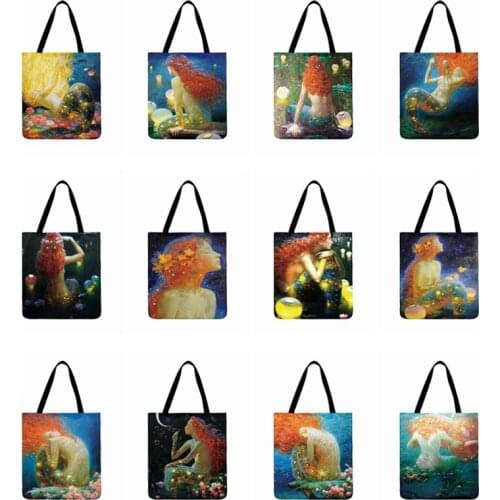 Women Casual Tote Beautiful Redhead Girl Painting Print Tote Bag Ladies Shoulder Bag Foldable Shopping Bag Outdoor Beach Bags