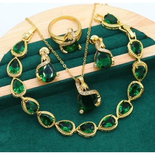 Dubai Wedding Gold Color Jewelry Set for Women Bride Green Red Zircon Bracelet Earrings Necklace Pendant Ring Christmas Gift