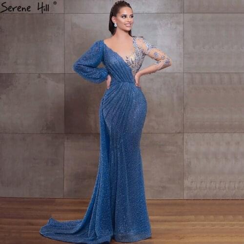 Serene Hill Blue Mermaid O-Neck Evening Gowns 2020 Dubai Long Sleeves Beading Sparkle Formal Dress DLA70759