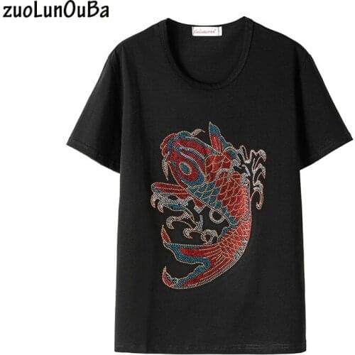 ZuoLunOuBa Summer Women T Shirt Chinese Style Koi Pattern Hot Diamond Decoration Black Loose Short Sleeved Tees Tops