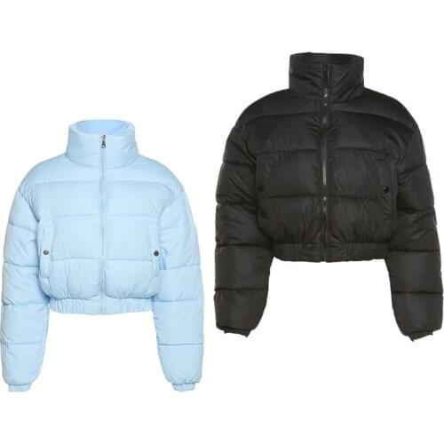 20CF Women Winter Short Puffer Jacket Long Sleeve Stand Collar Zip Up Cropped Bubble Coat Solid Color Quilted Pockets Parkas