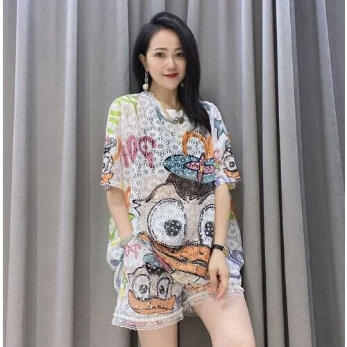 Women Summer Cartoon Rhinestones Letters White Lace 2 Piece Sets Ladies Translucent Lace T Shirt and Elastic Waist Shorts
