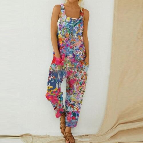 Tie Dye Printed Bib Jumpsuits Long Summer Casual Pants Women Loose Boho Vintage Large Size Rompers With Pockets