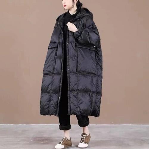 Ladies Hooded Single-breasted Loose Jacket with Pockets Dark Long Down Jacket Fashion Ladies Retro Casual New Jacket