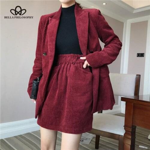 Bella Philosophy 2019 Autumn Solid Women Elegant Corduroy Blazer OL Notch Collar Jacket Female Wine Red Double Breasted Coats
