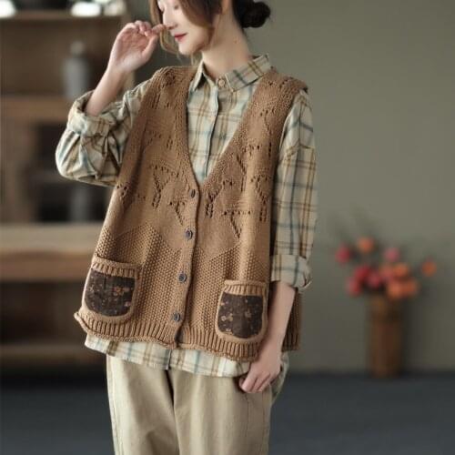 Johnature Women Vintage Sweaters Vests Patchwork Floral Button V-Neck Sleeveless Coats 2021 Spring Chinese Style Sweaters Vests