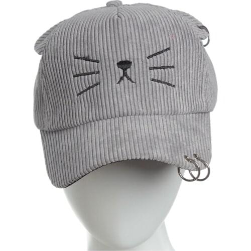Baseball cap For Women Child Fashion Lovely cat Embroiderycat Baseball cap stripe Iron ring pendant Fashion Lovely Hip Hop Hat