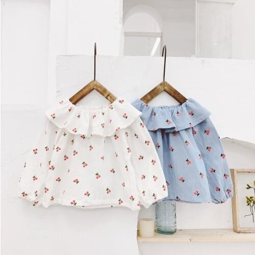 Autumn New Cherry Printed Baby Girls Cute Blouses Ruffles Collar Tops Korean Style Kids Clothes Long Sleeve Children Shirts