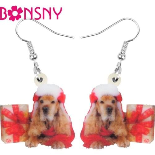 Bonsny Acrylic Christmas Cocker spaniel Dog Gift Box Earrings Drop Dangle Animal Jewelry For Women Girls Teen Party Charms Gift