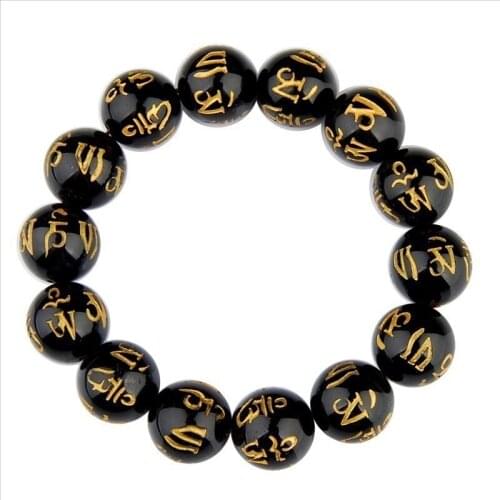 Black Bright Onyx Round Sanskrit Beads Buddha Bracelets Letter Scripture Elastic Braclet For Men Women Rosary Prayer Jewelry