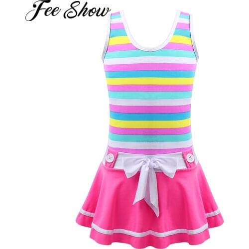 Kids Teens One-piece Swimsuit Dress Children Girls Wide Straps Striped Bow Splice Swimwear Swim Dress Beachwear Bathing Suit