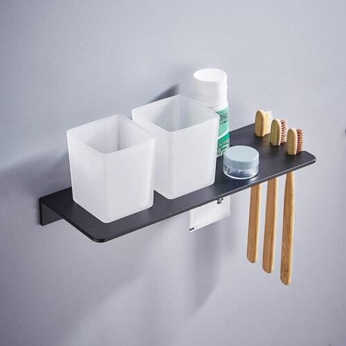 Double Cup Holder with Tooth Holder Wall Mounted Aluminum Black Tumbler Cup Holder Bathroom Accessories Bath Hardware Set