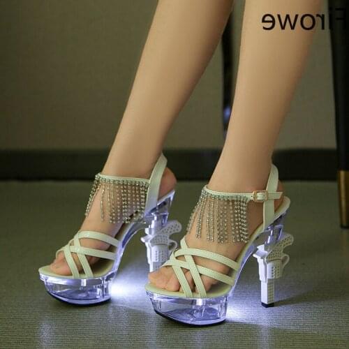 Firowe Women New Arrival Abnormal Gun Heel Light Luminous Crystal High Heel Sandals Womens Summer Wedding Party Shoe 14cm